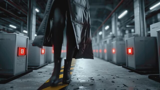 Technological Passage: A solitary figure, cloaked in mystery, strides confidently through a futuristic industrial setting.