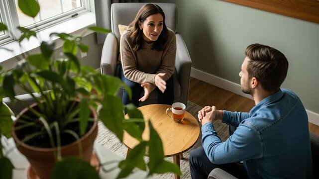 Couple having a serious conversation over coffee in a cozy living room.
