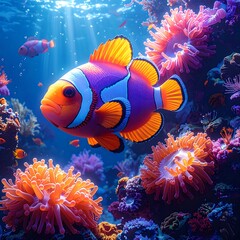 Clownfish swims in a vibrant coral reef, light streaming from above, surrounded by colorful anemones