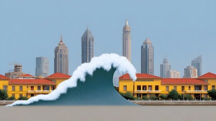 Surreal city bending under digital chart waves, economic uncertainty theme