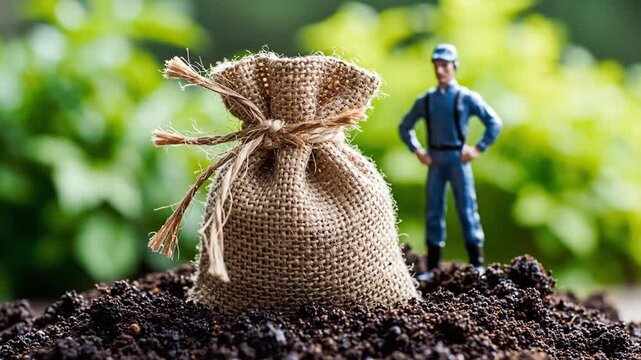 Miniature gardener stands beside burlap sack on fertile soil mound