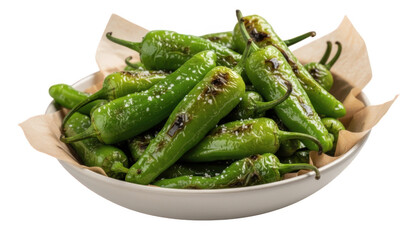 A bowl of roasted green peppers on brown parchment paper isolated on transparent background
