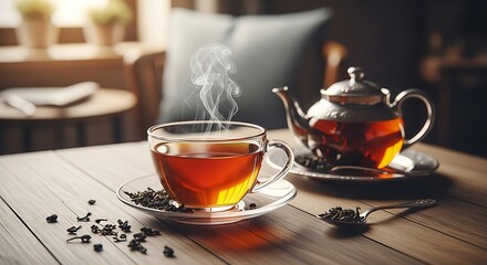 Warm Tea Time: Relaxing Cup of Tea with Teapot and Leaf Infusion