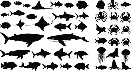 Black Sea Life Silhouette Collection, Whale Shark Stingray Octopus Crab and Fish Ocean Set, Marine Design, CAD Drawing Flat Vector Illustration © mstHasina