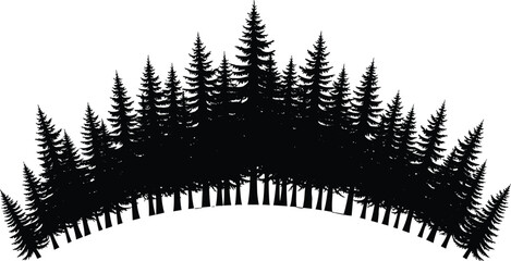 Black silhouette of coniferous pine tree forest on curved hill, wilderness landscape design element, isolated on white, cad drawing flat vector illustration © mstHasina