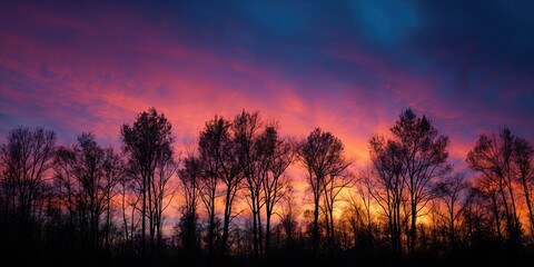 Crimson Sunset over Silhouetted Trees: A vibrant sunset paints the sky with fiery hues, casting a dramatic silhouette of trees against the colorful backdrop.
