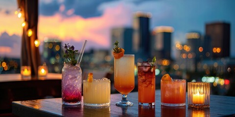 City Sunset Cocktails: A collection of tantalizing cocktails displayed elegantly on a table, with a stunning city skyline and a beautiful sunset creating an alluring backdrop.