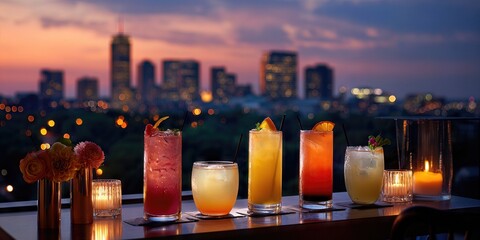 A Toast to the Twilight: A vibrant arrangement of cocktails set against a breathtaking skyline at dusk. Each drink, a unique blend of flavors, invites indulgence and marks a perfect evening. 