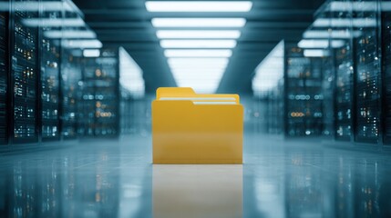 Yellow folder icon in a data center server room, conceptual 3D illustration of digital storage and cloud computing
