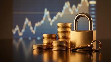 Golden coins stacks locked with padlock key against rising financial chart graphs, Secure investment savings protection growth concept.