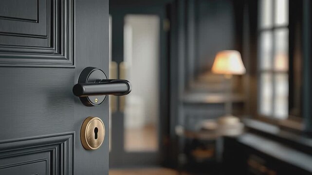 Doorway to tranquility: An open door reveals a softly lit, inviting space. The dark wooden door, adorned with a sleek handle and a classic keyhole, opens to a room bathed in warm, gentle light.
