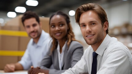 Diverse business professionals in a productive warehouse meeting discussing logistics and strategy