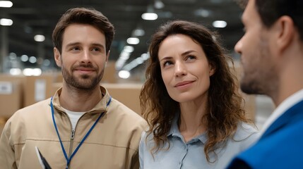 Professionals in a warehouse setting engaged in a discussion about logistics and business ope ns