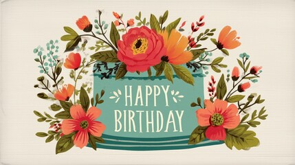 Floral Happy Birthday Design for Greeting Cards and Decorations