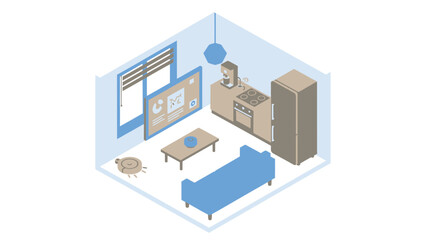 Obraz premium Cozy Isometric Studio Apartment with Pet Cat and Modern Furniture.