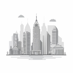 Fototapeta premium Vector illustration of Philadelphia skyline with iconic skyscrapers and buildings in grayscale, set against a clean white background with subtle clouds.