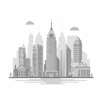 Vector illustration of Philadelphia skyline with iconic skyscrapers and buildings in grayscale, set against a clean white background with subtle clouds.