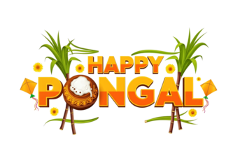 Happy Pongal festival typography design with traditional clay pot and sugarcane. South Indian harvest celebration greeting featuring kites, floral decor. social media banner, greeting, clip art. PNG