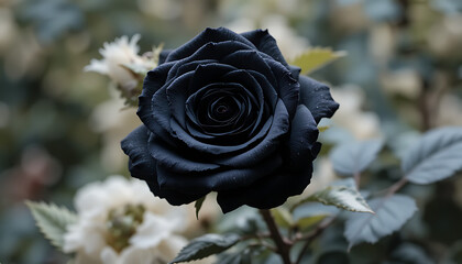 Stunning black rose in a lush garden setting with white flowers
