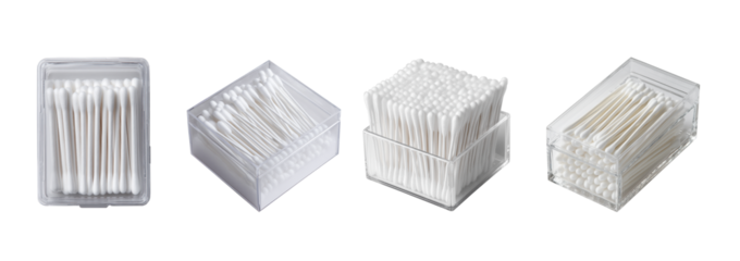 A minimalist, top-down product shot of hygienic cotton swabs arranged neatly inside a transparent plastic box, perfectly isolated set on a high-quality PNG with a transparent background.