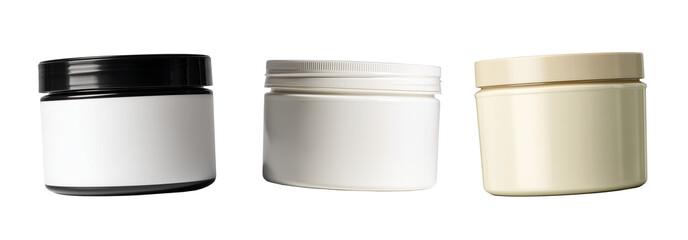 A practical jar for hair mask or deep conditioner, made of soft-touch matte plastic. Isolated set on high-quality PNG with a transparent background, the image highlights the simple, functional design 