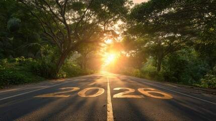 Scenic Roadway in Lush Forest with 2026 Marking and Sunlight Effect