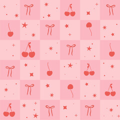 Plaid pink cherry and stars seamless fabric design pattern