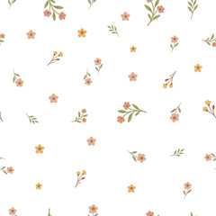 Spring time cute ditsy flowers white background seamless fabric design pattern
