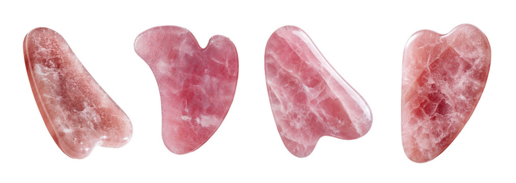 A beautiful, polished rose quartz gua sha facial tool, symbolizing wellness and natural skincare. Isolated set on high-quality PNG with a transparent background, the image highlights the stone's smoot