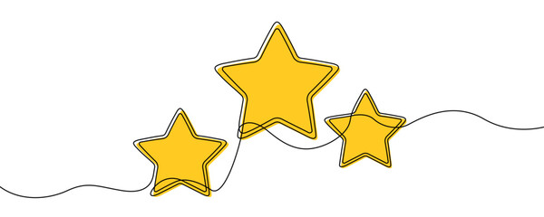 Three five-pointed stars in gold or yellow color, arranged horizontally. A symbol of rating, review, or high quality. Drawing in one line art style with editable color stroke. Vector illustration.