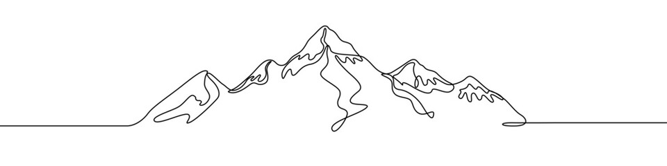 A mountain range with four peaks, one of which dominates the others. A symbol of nature, travel, climbing, and grandeur. Drawing in one line art style with editable black stroke. Vector illustration.