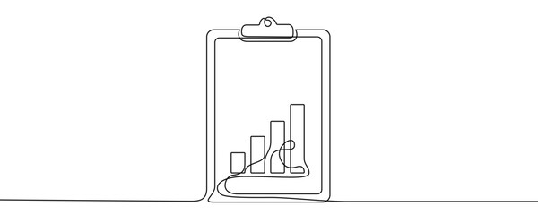 Clip board with a clip, on which a bar chart with increasing bars is drawn. A symbol of a business report, financial progress, or data analysis. Editable black stroke. Vector illustration.