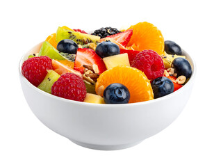 A bowl bursting with colorful, fresh fruit salad against a dark background