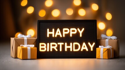 Black Lightbox with 'Happy Birthday' Message and Gift Boxes on a Warm, Blurred Background