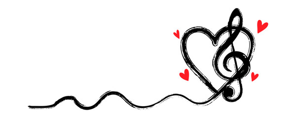 A treble clef shaped like a heart in a brush stroke or grunge style. A wavy line extends from the heart. Pictogram of love for music. Vector illustration.