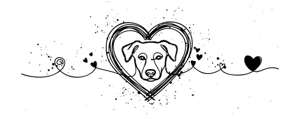 Outline of a dog's head inside an uneven heart in a brush stroke style. Vector symbol of love for animals.