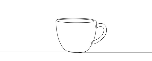 Classic cup with a handle, filled with a hot beverage. Symbol of coffee, tea, break or comfort in one line art style with editable black stroke. Vector illustration.