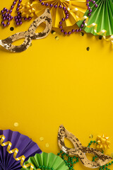 Vibrant vertical Mardi Gras scene featuring sequin masks, purple green gold beads, and paper decorations against a bold yellow background, conveying festive energy and festive mood for celebration
