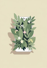 Flat illustration of green leafy plant growing out of smartphone screen, modern digital nature concept symbolizing eco lifestyle, technology balance and mindfulness, isolated on transparent background