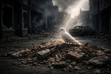 White dove illuminated by sunlight amid destroyed city ruins