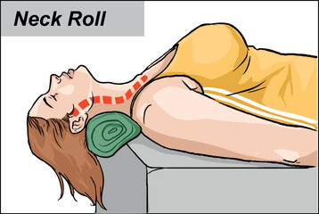 Step-by-step neck stretching exercise vector illustration for muscle relaxation and pain relief.