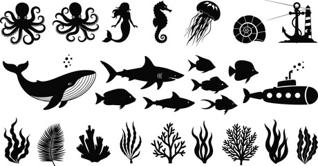 Set of black marine life silhouettes including whale, shark, mermaid, octopus, coral and nautical elements, isolated on white, cad drawing flat vector illustration © mstHasina