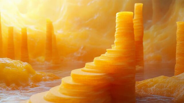 Abstract orange landscape with layered rock steps and tall pillars rising from translucent shallow liquid, bathed in warm glowing light evoking surreal, otherworldly tranquility
