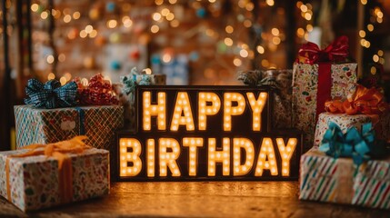 Happy Birthday Neon Sign with Colorful Gift Boxes and Bokeh Lights for Party Decor