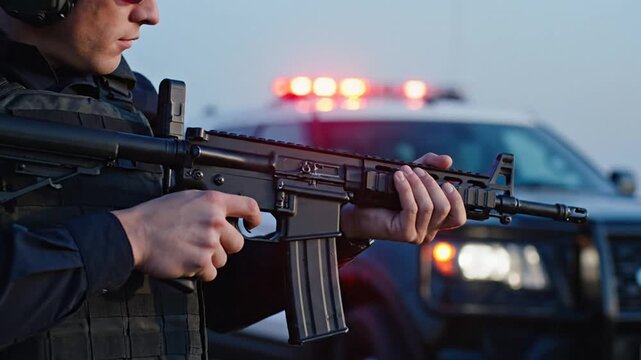 Security Personnel Holding Rifle with Police Car Lights in Background