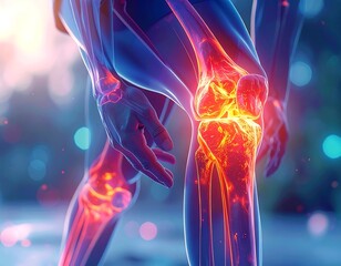 Medical visualization of a human body, highlighting joints with inflammation