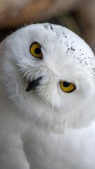 Obraz premium Snowy owl with piercing yellow eyes looking ahead