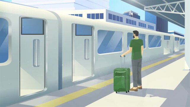 Passenger Waiting on Train Platform with Luggage, Public Transportation and Travel Concept