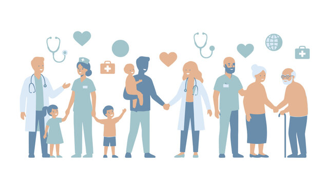 Diverse group of healthcare professionals assisting patients of all ages.