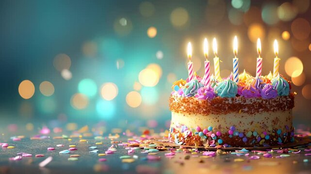 Cake with six candles on it, with sprinkles on the top. The cake is decorated with colorful sprinkles and the candles are lit